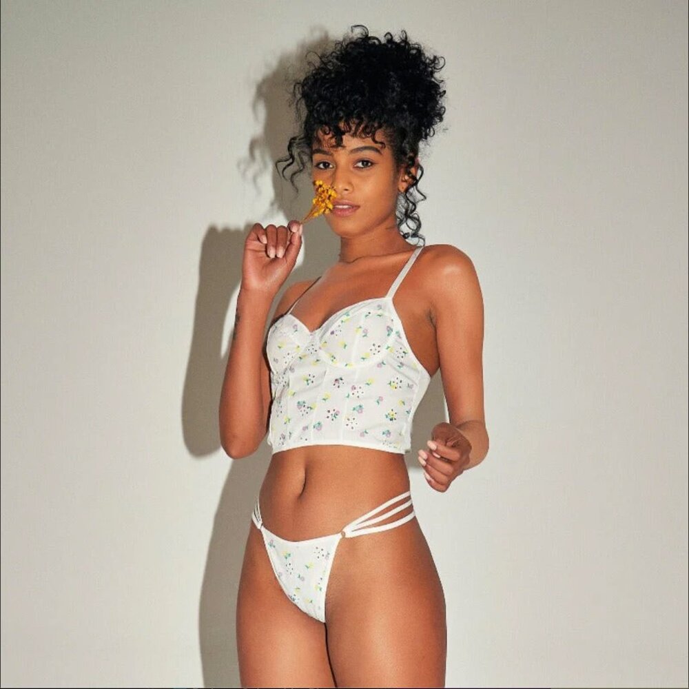 NEW!! 2PC SET! Moxy Intimates Floral Y2K Bustier Bra Crop Top & Thong, S Small